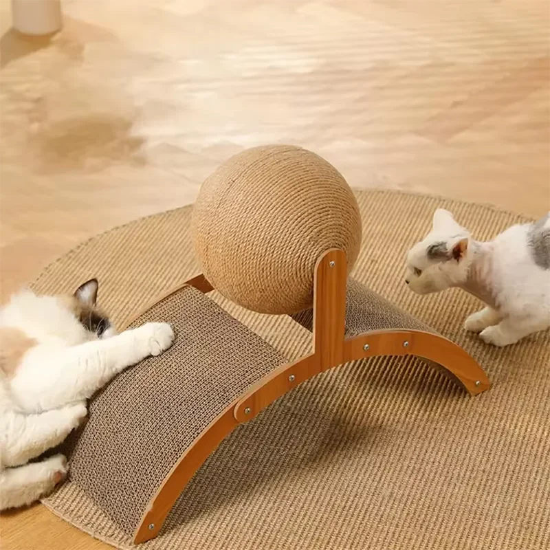 2-in-1 Katzen Kratzball aus Holz – Natürliches Sisal Kratzspielzeug mit Spielball