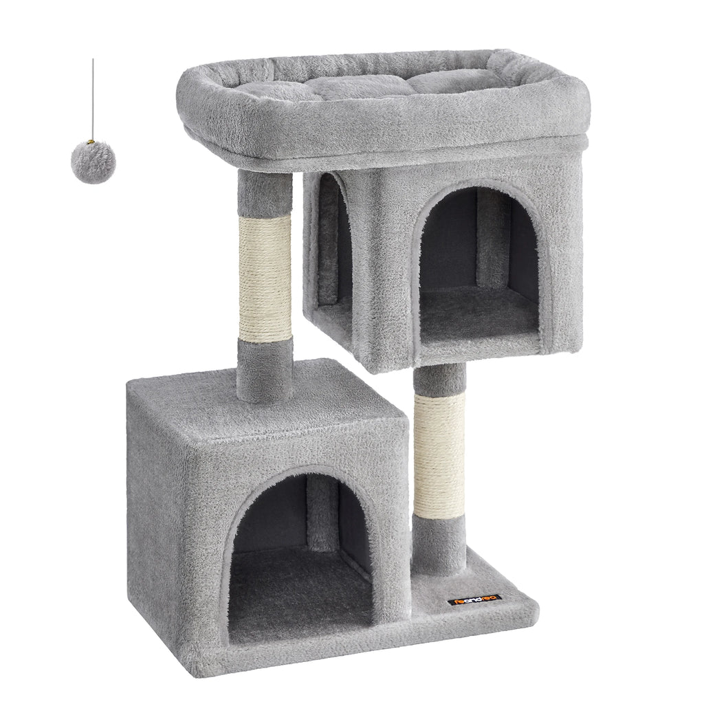 FEANDREA Kratzbaum kompakt – Katzenbaum mit 2 Höhlen, großer Plattform & Sisalstämmen (74 cm)