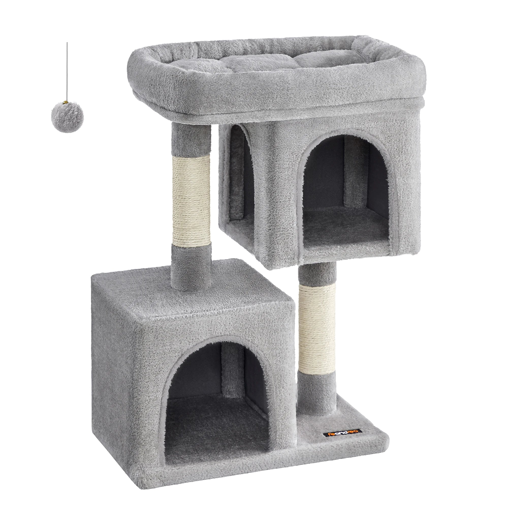 FEANDREA Kratzbaum kompakt – Katzenbaum mit 2 Höhlen, großer Plattform & Sisalstämmen (74 cm)