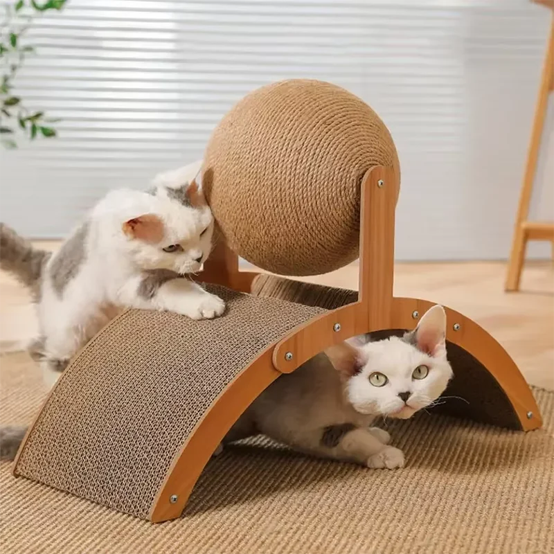 2-in-1 Katzen Kratzball aus Holz – Natürliches Sisal Kratzspielzeug mit Spielball