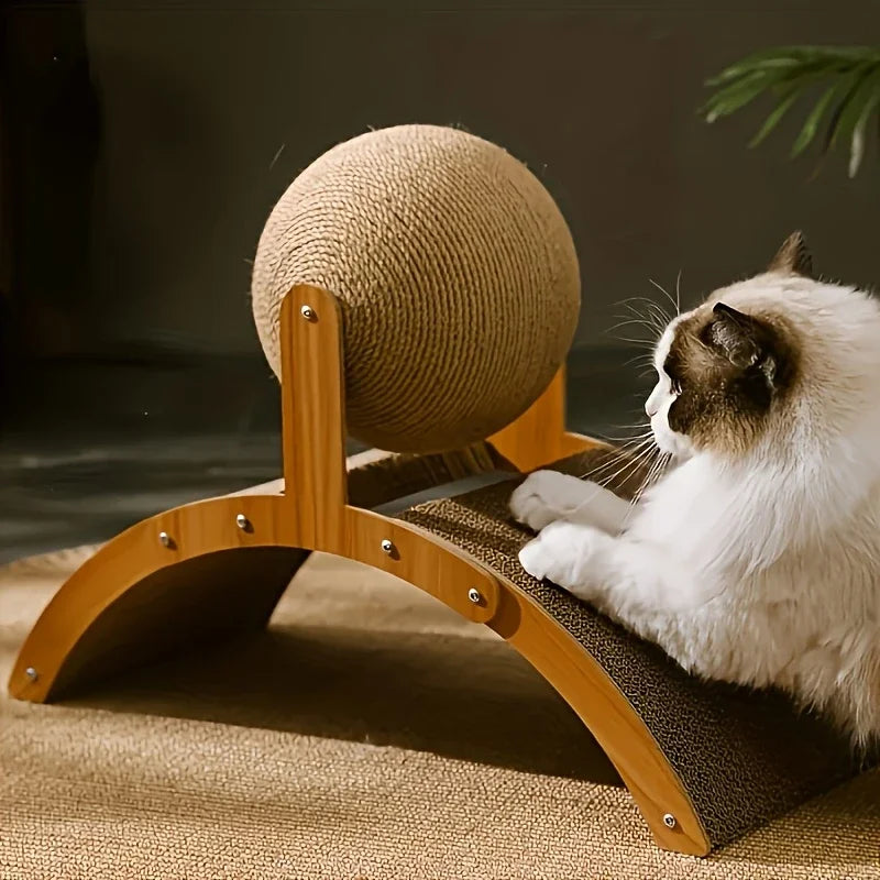 2-in-1 Katzen Kratzball aus Holz – Natürliches Sisal Kratzspielzeug mit Spielball