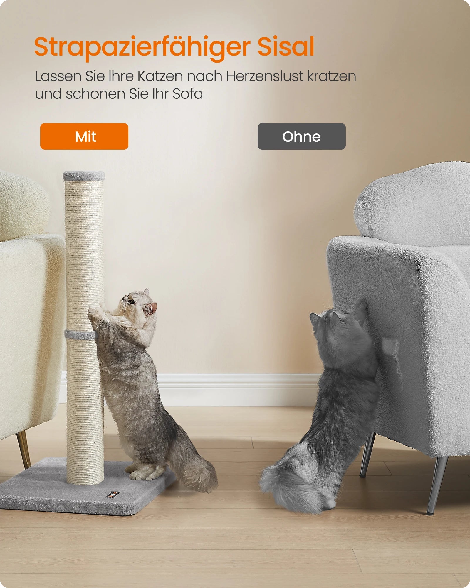 FEANDREA Kratzsäule 85 cm – Extra dicke Sisal-Kratzsäule für Katzen