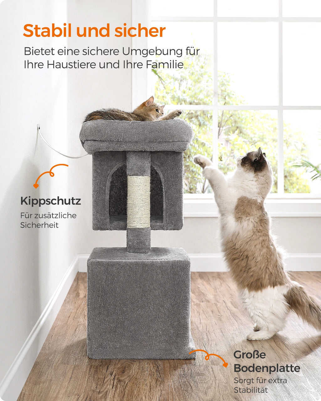 FEANDREA Kratzbaum kompakt – Katzenbaum mit 2 Höhlen, großer Plattform & Sisalstämmen (74 cm)