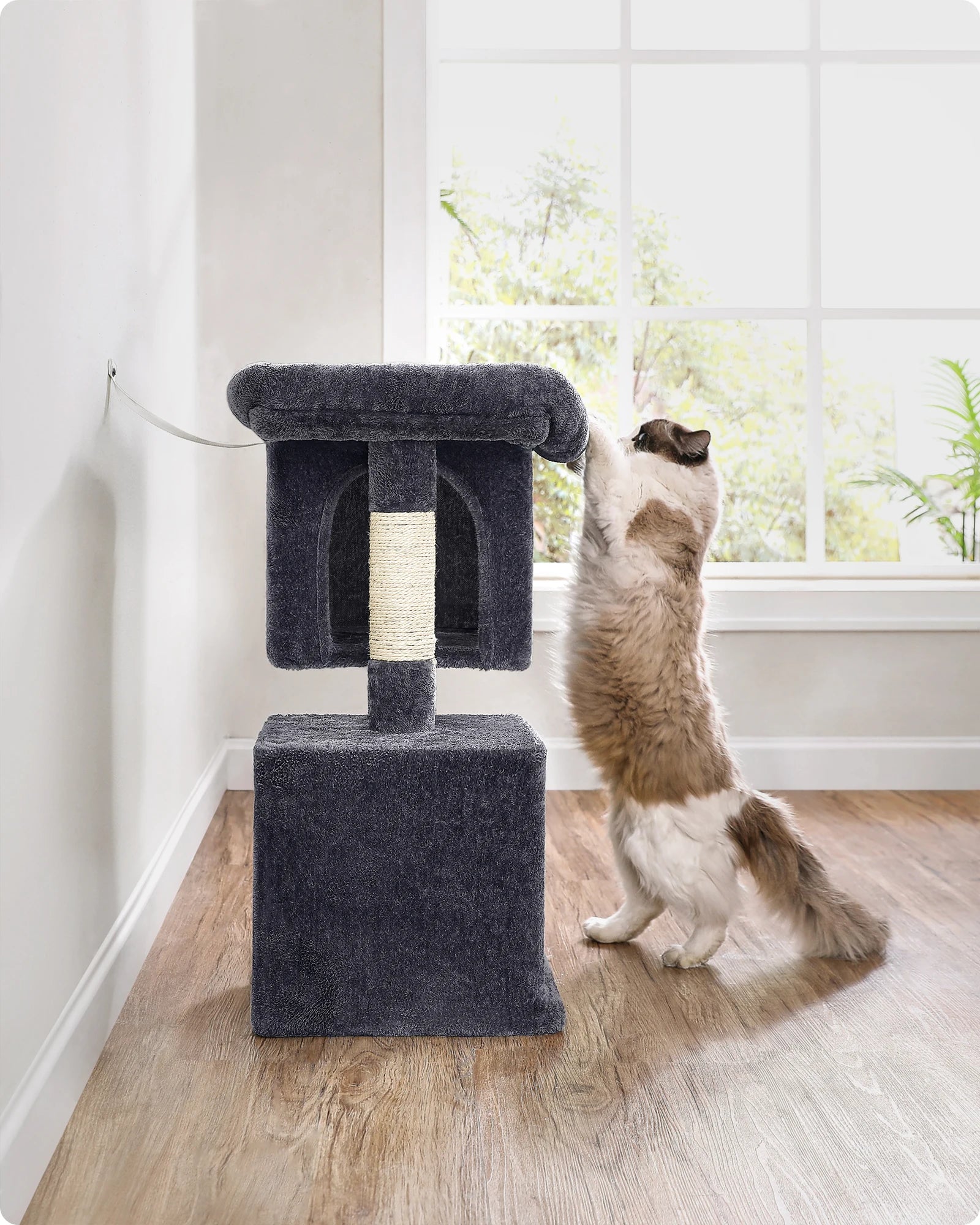 FEANDREA Kratzbaum kompakt – Katzenbaum mit 2 Höhlen, großer Plattform & Sisalstämmen (74 cm)