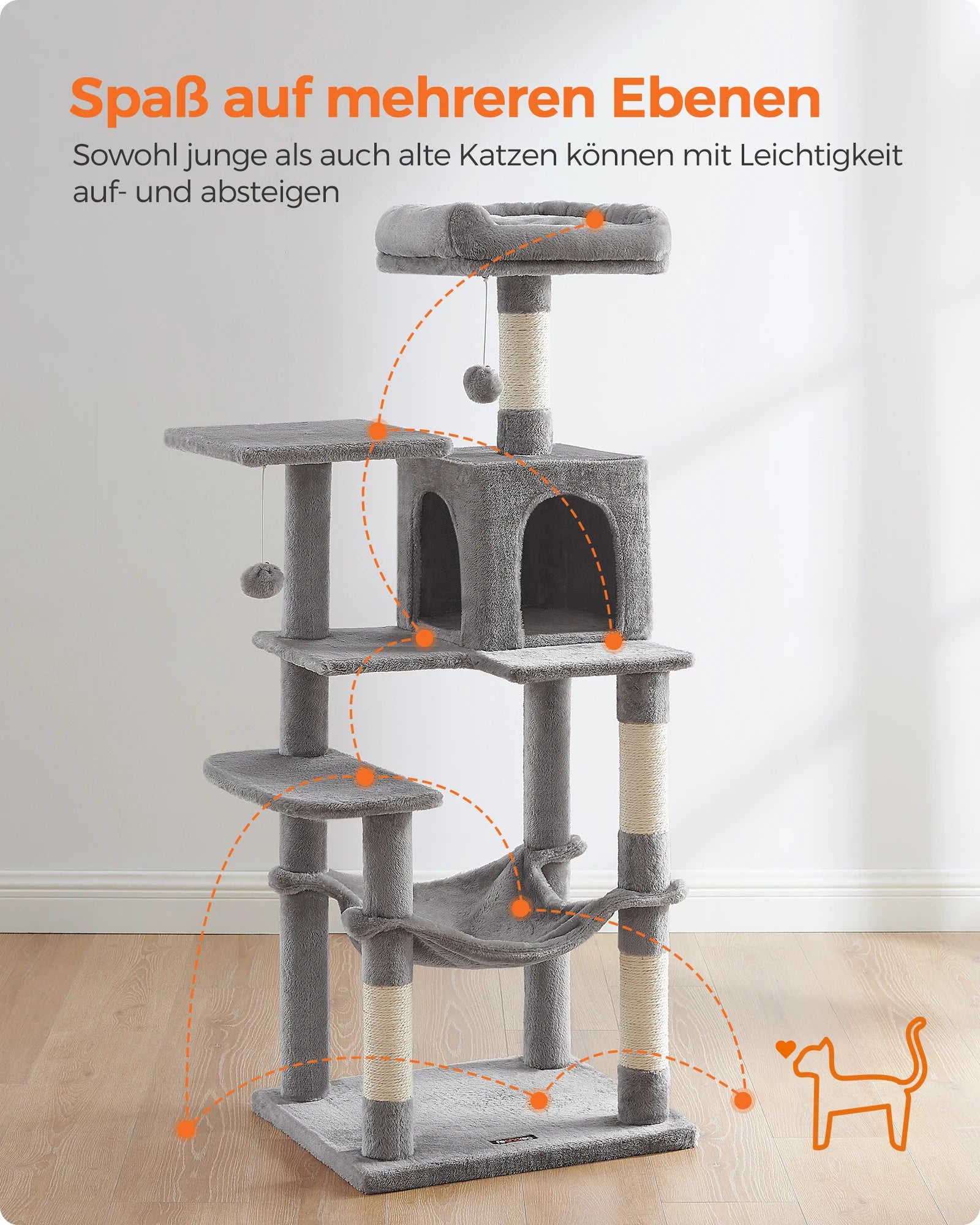 FEANDREA Kratzbaum 143 cm – Mehrstöckiger Katzenbaum mit Hängematte, Höhle & Spielbällen