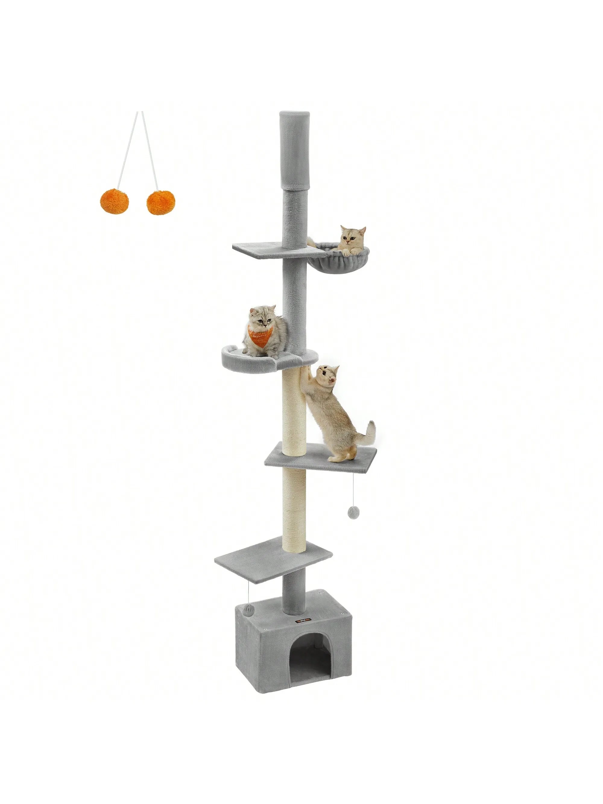 FEANDREA Deckenhoher Kratzbaum 231–291 cm – Höhenverstellbarer Katzenbaum mit Sisalstämmen