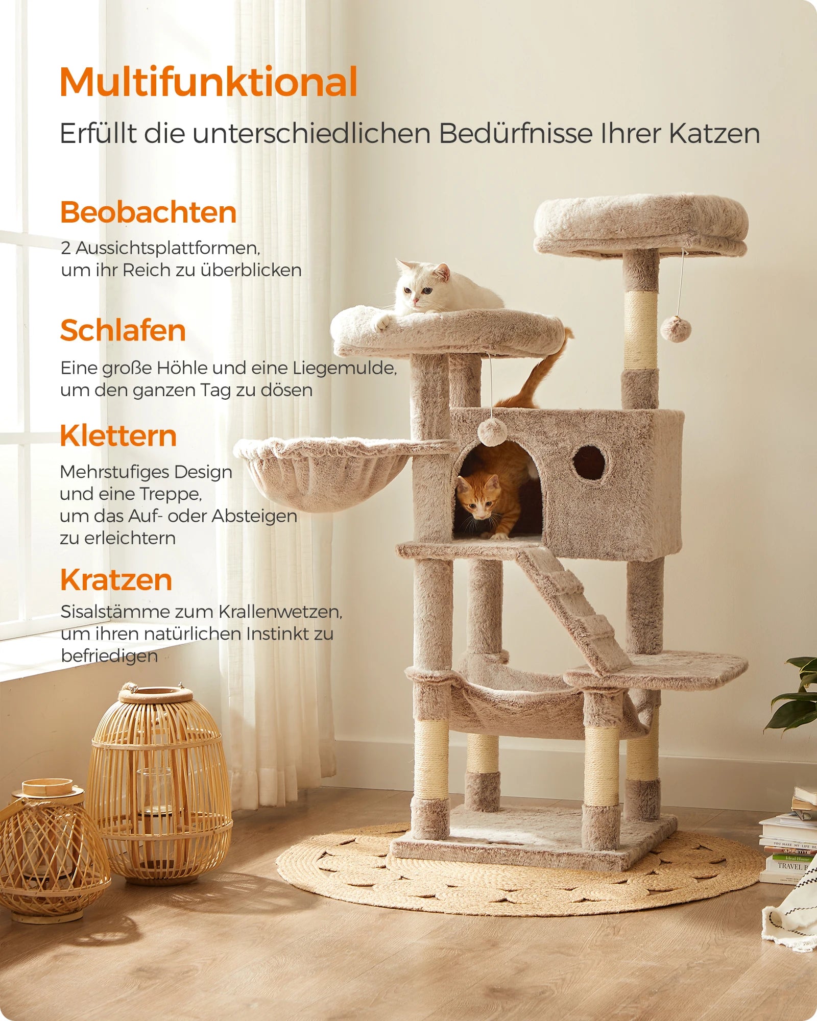FEANDREA Kratzbaum 135 cm – Extra weicher Katzenbaum mit Höhle, Hängematte & Plattformen für große Katzen