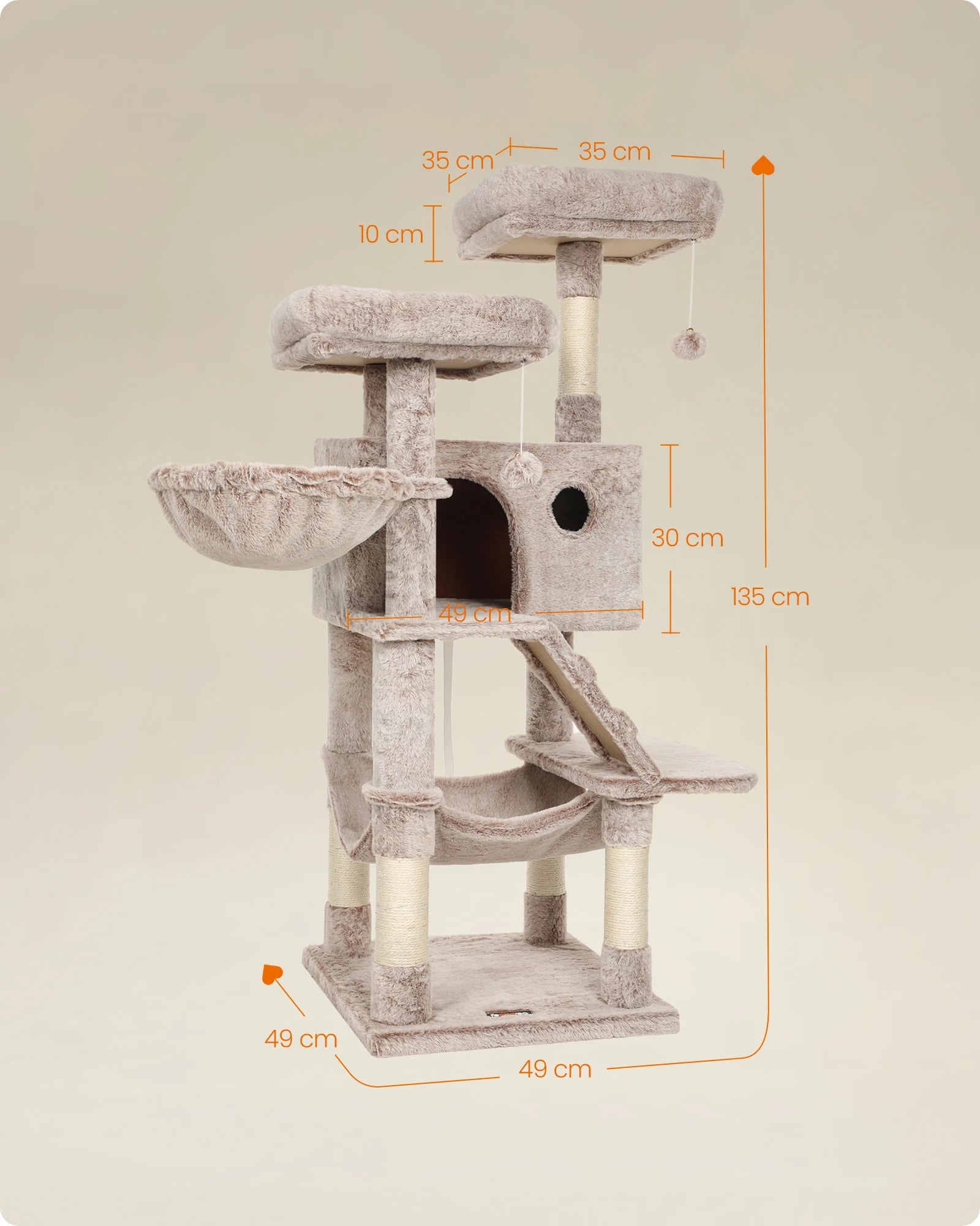 FEANDREA Kratzbaum 135 cm – Extra weicher Katzenbaum mit Höhle, Hängematte & Plattformen für große Katzen