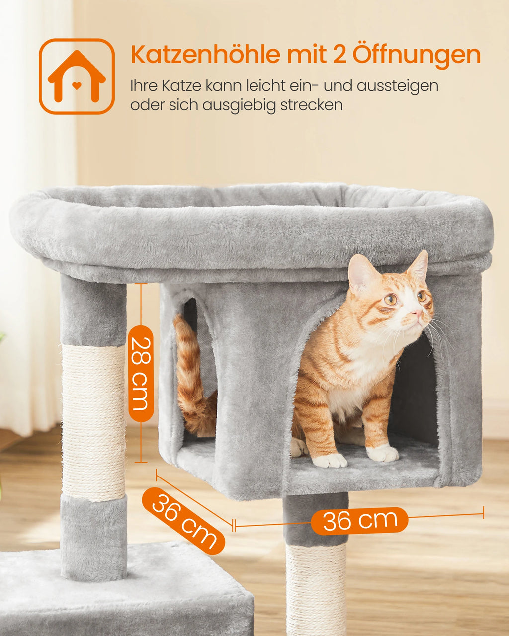 FEANDREA Kratzbaum mit großer Liegefläche & 2 Höhlen – Stabiler Katzenbaum für große & mehrere Katzen (84 cm)