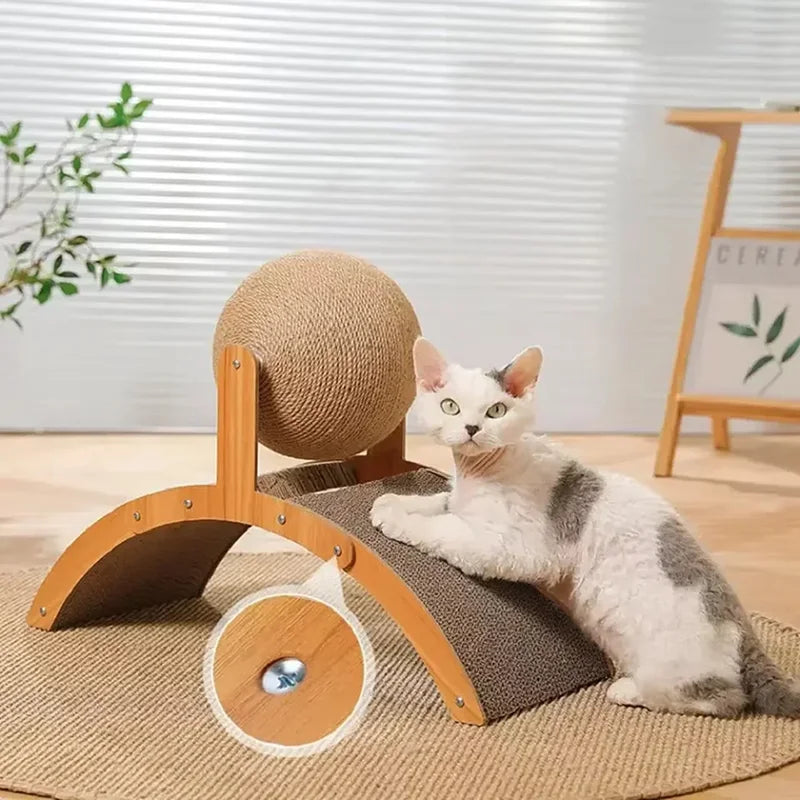 2-in-1 Katzen Kratzball aus Holz – Natürliches Sisal Kratzspielzeug mit Spielball
