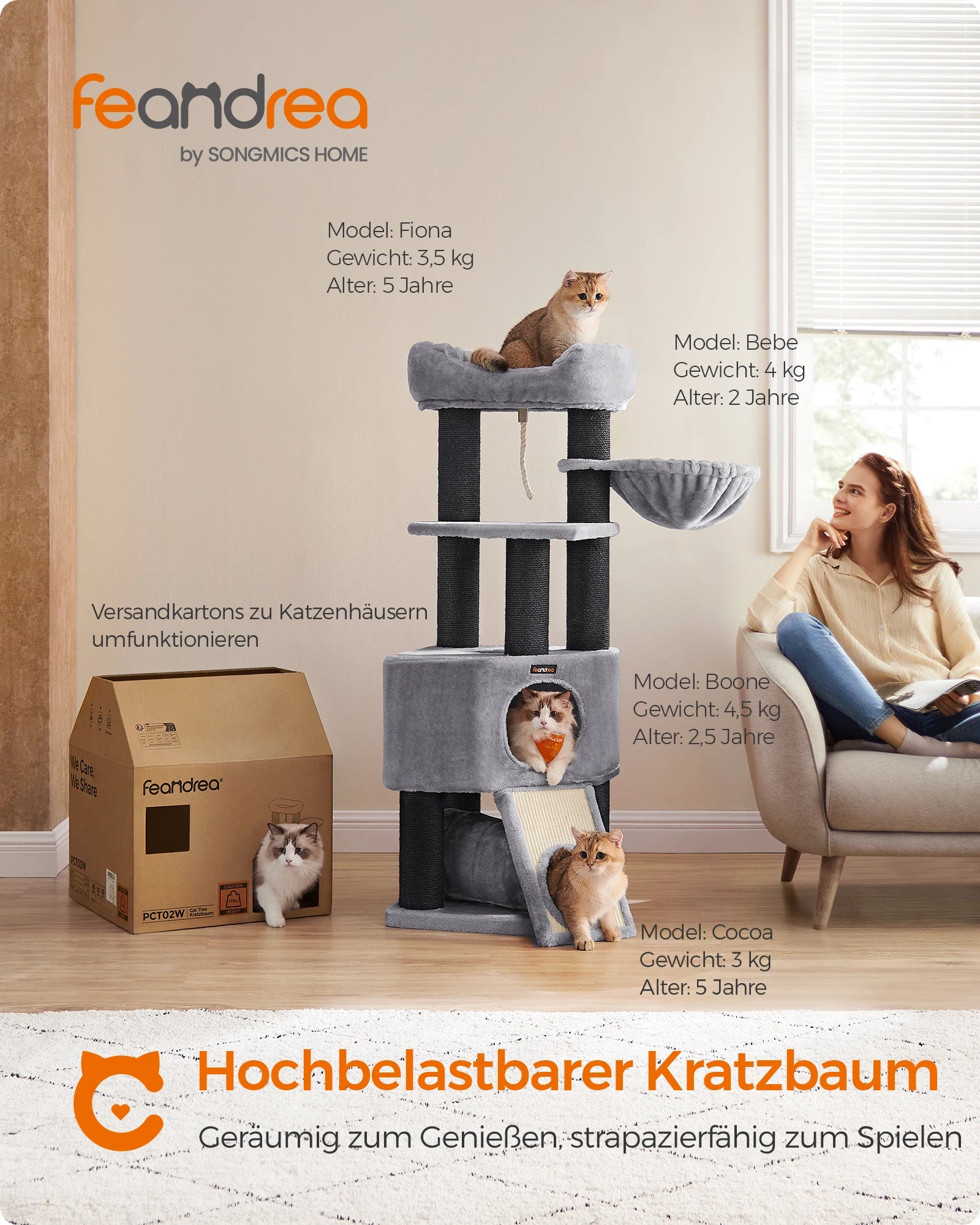 FEANDREA Kratzbaum 141 cm – Stabiler Katzenkratzbaum mit extra dicker Kratzsäule & Kippschutz