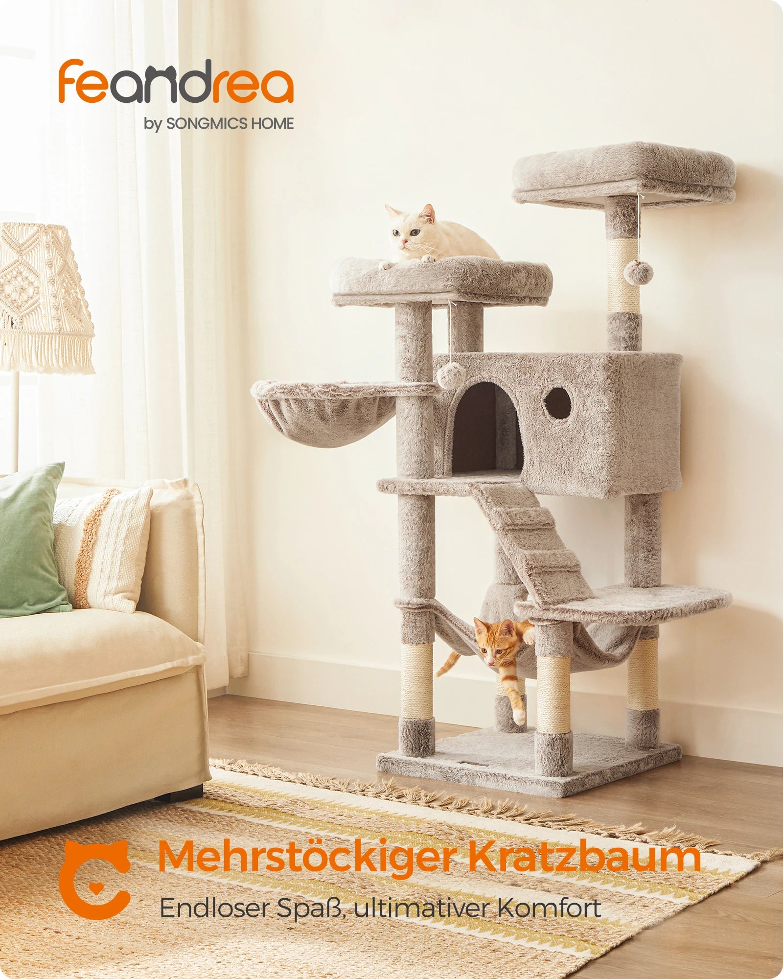 FEANDREA Kratzbaum 135 cm – Extra weicher Katzenbaum mit Höhle, Hängematte & Plattformen für große Katzen