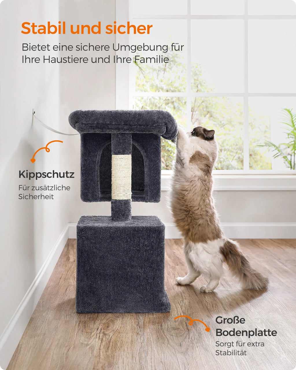 FEANDREA Kratzbaum kompakt – Katzenbaum mit 2 Höhlen, großer Plattform & Sisalstämmen (74 cm)