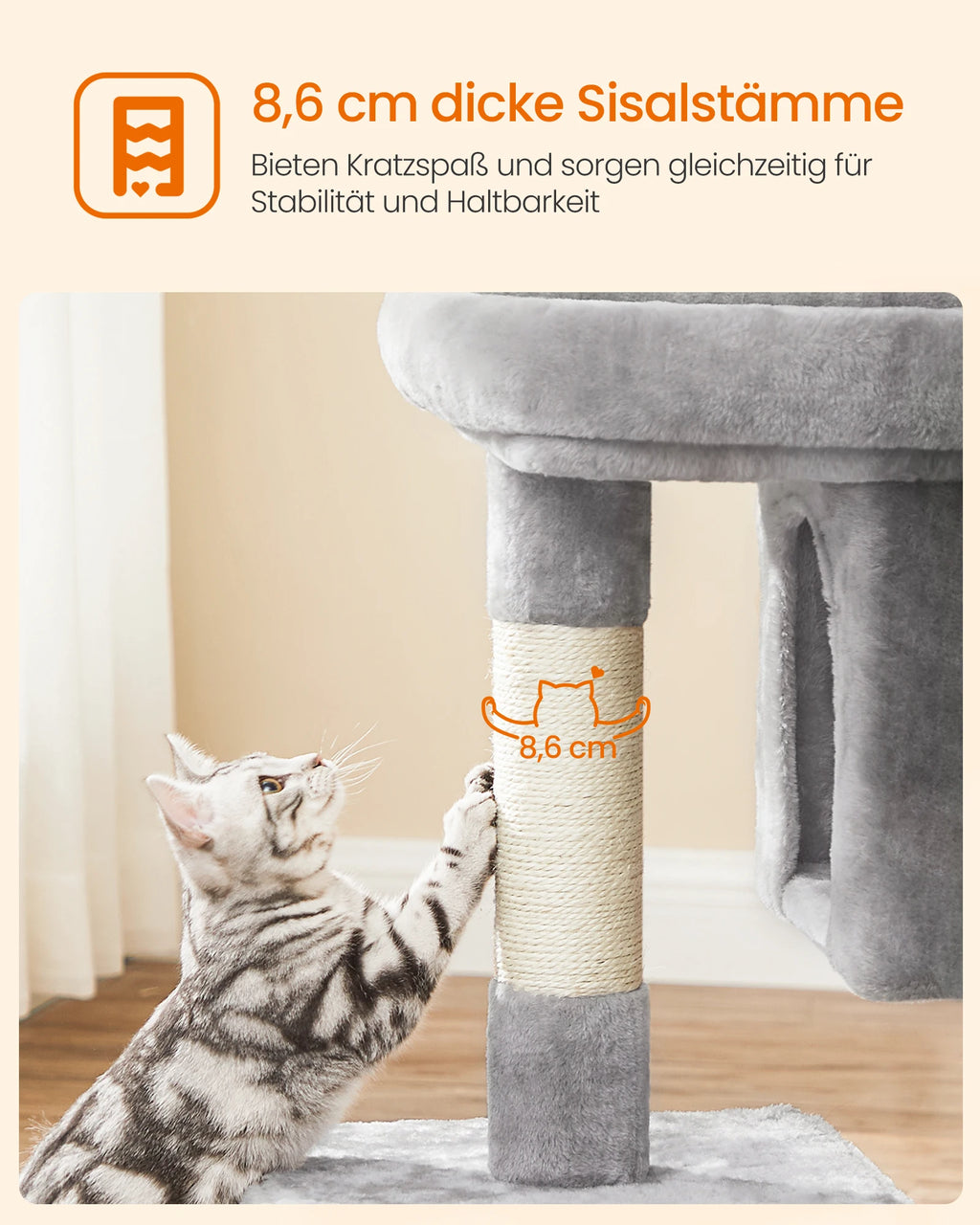 FEANDREA Kratzbaum mit großer Liegefläche & 2 Höhlen – Stabiler Katzenbaum für große & mehrere Katzen (84 cm)