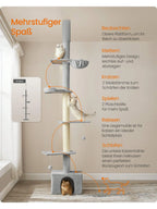 FEANDREA Deckenhoher Kratzbaum 231–291 cm – Höhenverstellbarer Katzenbaum mit Sisalstämmen