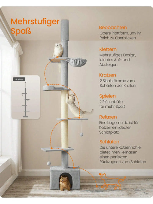 FEANDREA Deckenhoher Kratzbaum 231–291 cm – Höhenverstellbarer Katzenbaum mit Sisalstämmen