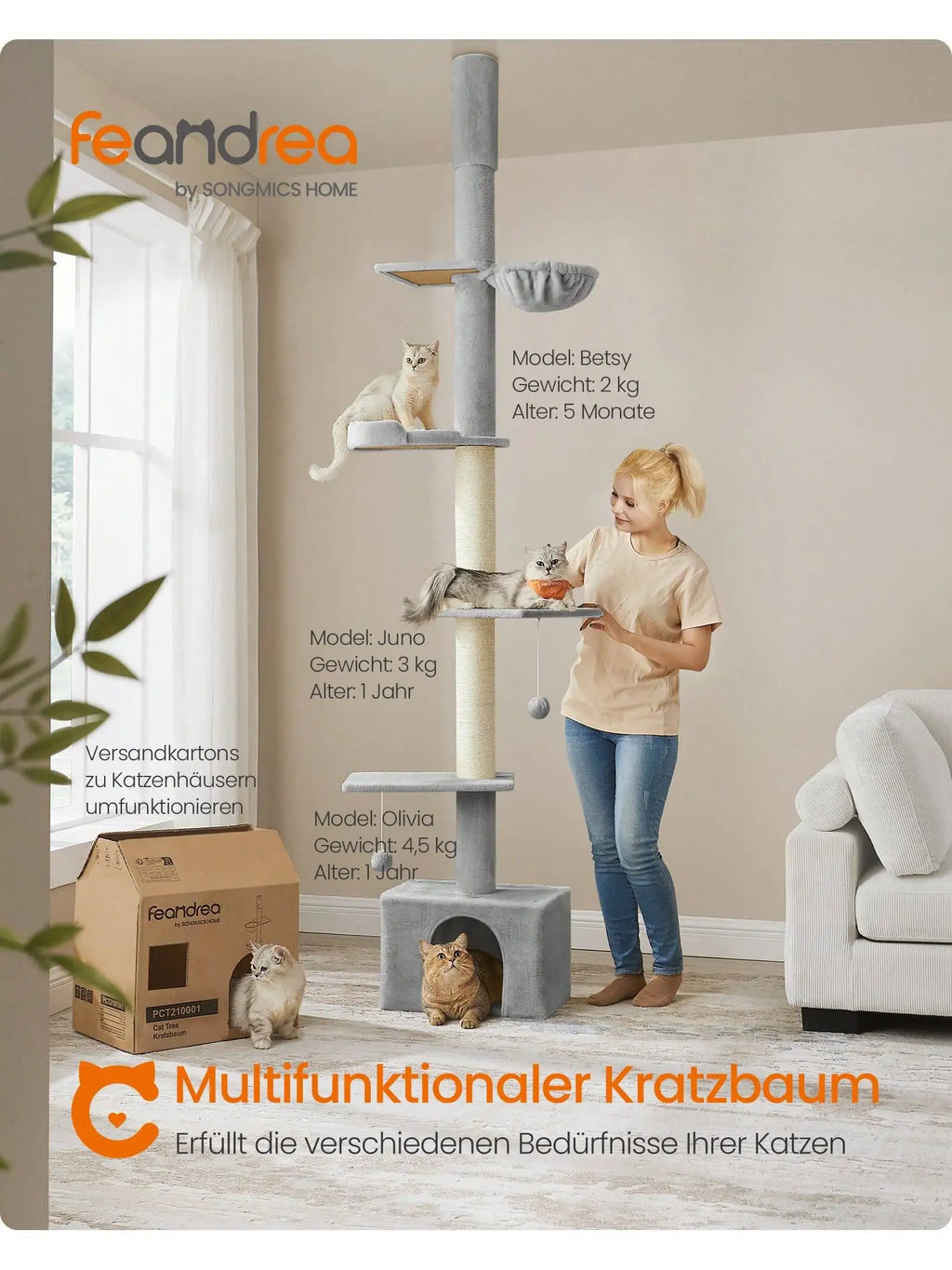 FEANDREA Deckenhoher Kratzbaum 231–291 cm – Höhenverstellbarer Katzenbaum mit Sisalstämmen