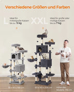 FEANDREA XXL Kratzbaum 206 cm – Großer Katzenbaum mit 13 Kratzsäulen, Höhlen & Hängematte