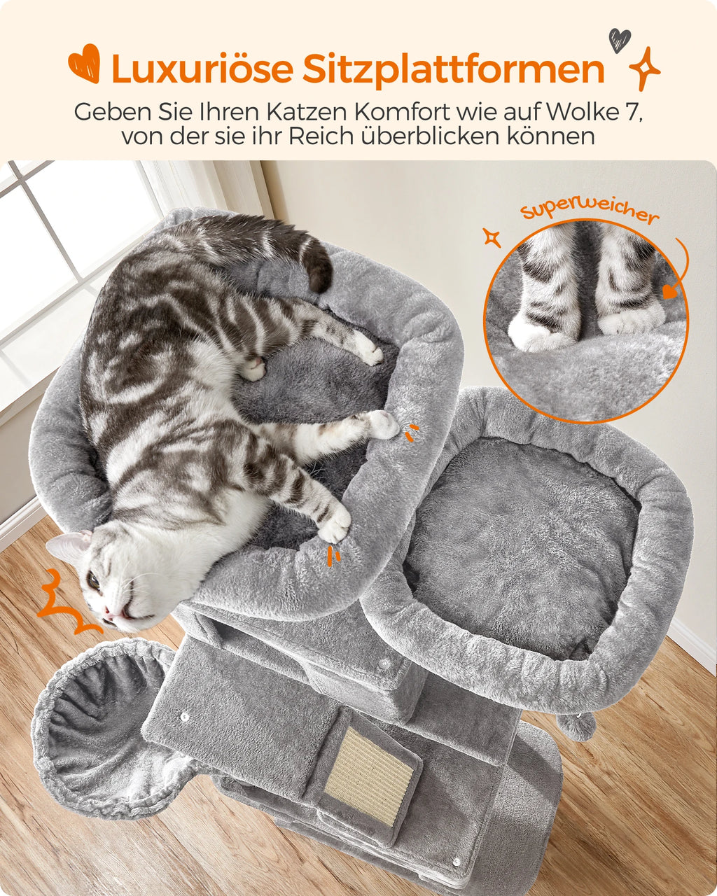 FEANDREA XXL Kratzbaum 206 cm – Großer Katzenbaum mit 13 Kratzsäulen, Höhlen & Hängematte